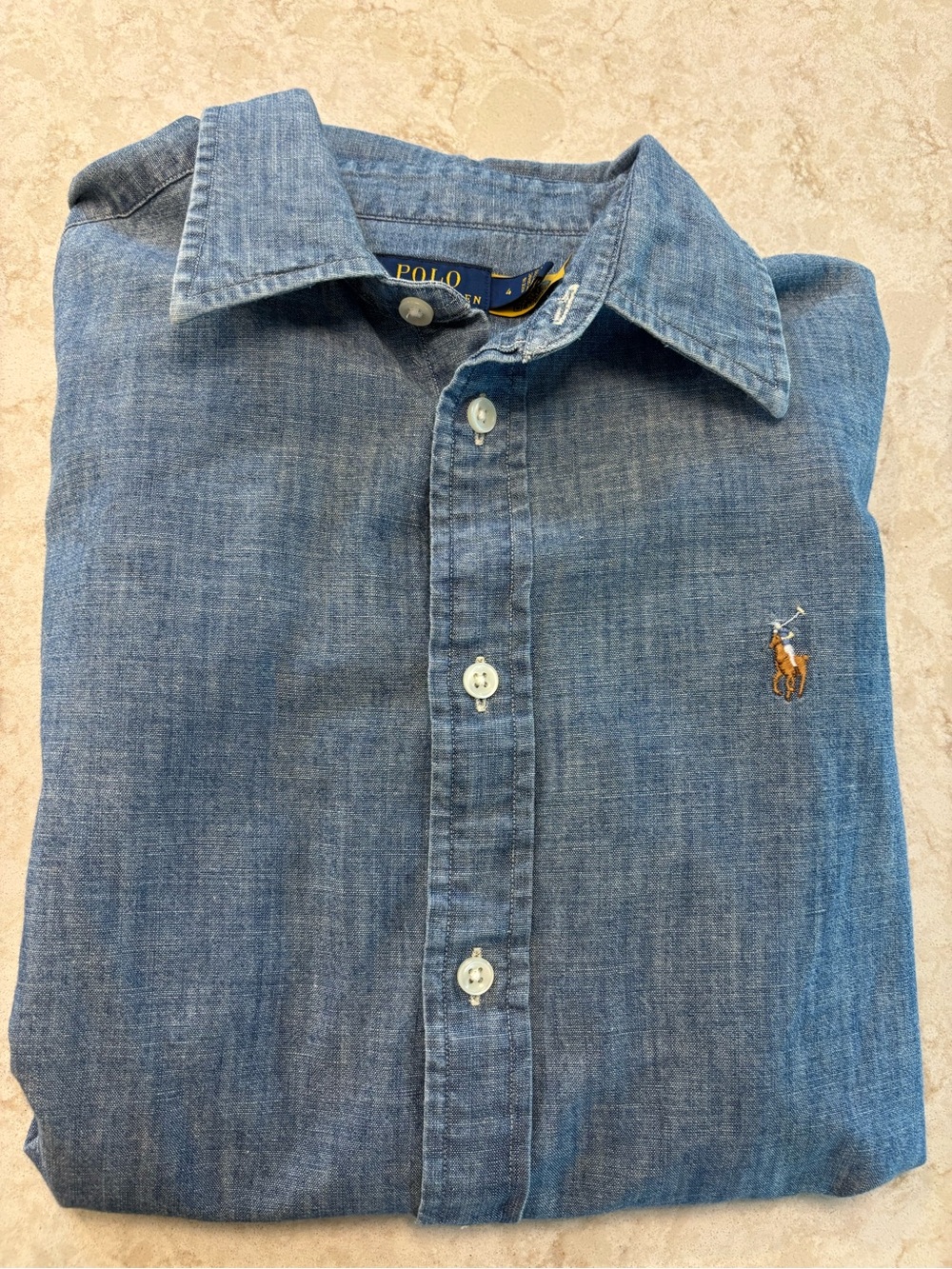Ralph Lauren Chambray Button-Down Shirt in Blue with Embroidered Pony Size 4